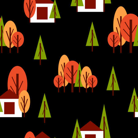 Seamless pattern with autumn trees and white country house. Red, green and orange. Black background....