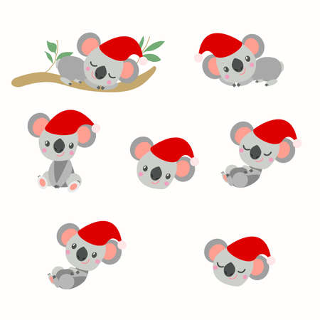 Collection with baby koala bear in red Christmas hat. Flat cartoon style. Sleeping koala on eucalyptus tree branch. Lying and sitting. Smiling and happy. For kids' design. Funny and cute. Australiaのイラスト素材
