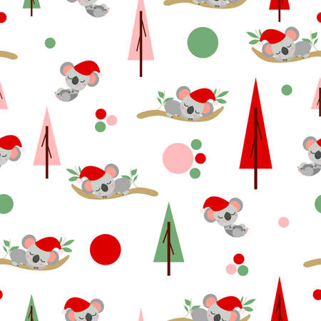Seamless pattern with koala babies in red Christmas hats sleeping on eucalyptus. Fir trees. White background. Pink, red and green round confetti. Post cards, textile, wallpaper and wrapping paperのイラスト素材