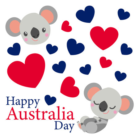 Baby koala smiling. Cute and funny. Flat cartoon style. Australian national flag. Red and blue hearts. White background. 26 of January. Happy australia dayのイラスト素材
