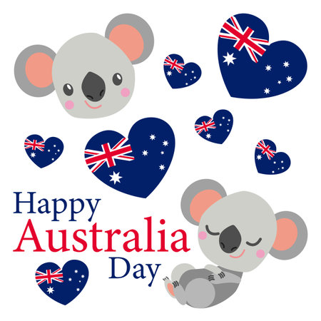 Baby koala smiling. Cute and funny. Flat cartoon style. Australian national flag. Red and blue hearts. White background. 26 of January. Happy australia dayのイラスト素材