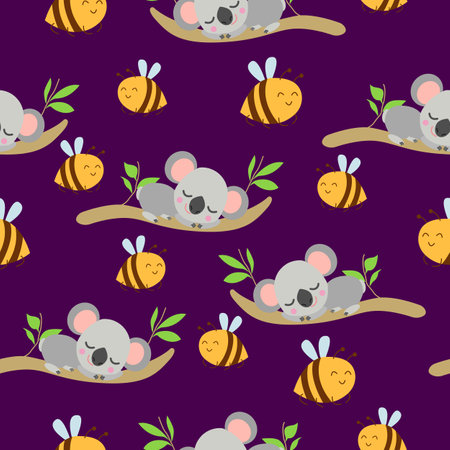 Seamless pattern with koala babies sleeping on eucalyptus branches and yellow bees. Purple background. Flat design. Cartoon style. Cute and funny.のイラスト素材
