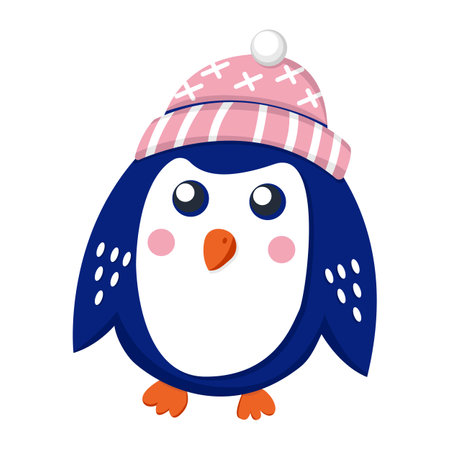 Dark blue baby penguin wearing pink and white hat. Orange beak and feet. Flat cartoon style. Cute and funny. Merry Christmas. Happy New Year.のイラスト素材