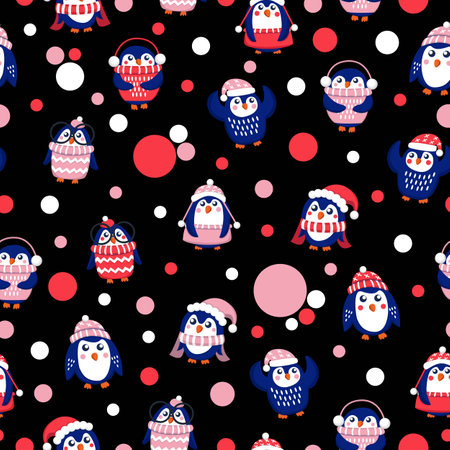 Seamless pattern with blue baby penguins wearing pink, red and white sweaters, hats and scarfs. Black background. Cute and funny. Merry Christmas.のイラスト素材