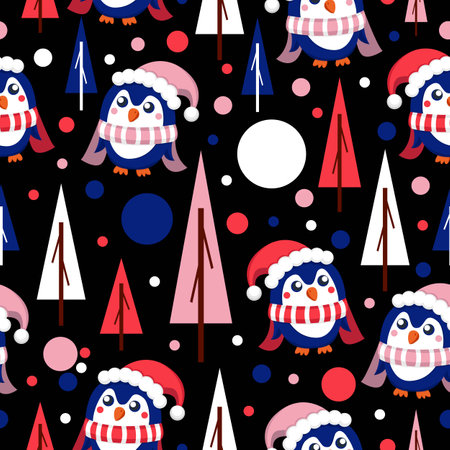 Seamless pattern with blue baby penguins wearing pink, red and white hats and scarfs. Black background.のイラスト素材