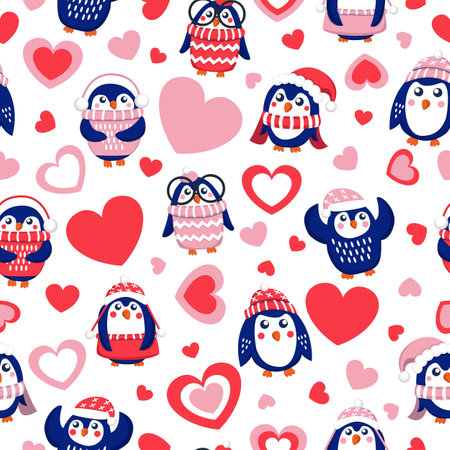 St Valentine's day. Seamless pattern with blue baby penguins wearing pink, red and white sweaters, hats and scarfs. White background. Cute and funny.のイラスト素材