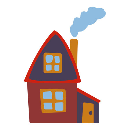 Wooden house with fence and garden isolated on white background. Red, blue, brown and yellow. Blue smoke from chimney. Cartoon style. Countryside cottage. Rural building.のイラスト素材