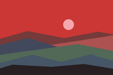 Red sun set sky. Brown, gray, blue, green and black mountains silhouette. Sandy dunes. Graphic design. Nature and ecology. Horizontal orientation. Template for social media, post cards and postersのイラスト素材