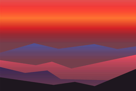Red, orange and yellow sun set sky. Violet, blue and black mountains silhouette. Sandy dunes. Graphic design. Nature and ecology. Horizontal orientation. For social media, post cards and post cardsのイラスト素材