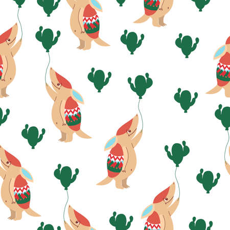Seamless pattern. Baby armadillo character design. Cute and funny. Beige and red. Ornament on shell. With green cactus balloon. Cartoon style. For kids post cards, wallpaper, textile, wrapping paperのイラスト素材