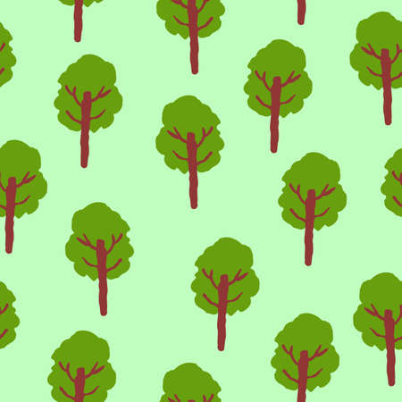 Vector seamless pattern with green deciduous trees. Brown trunk. Green background. Cartoon style. Spring and summer. Nature and ecology. Post cards, wallpaper, wrapping paper, scrapbooking, textileのイラスト素材