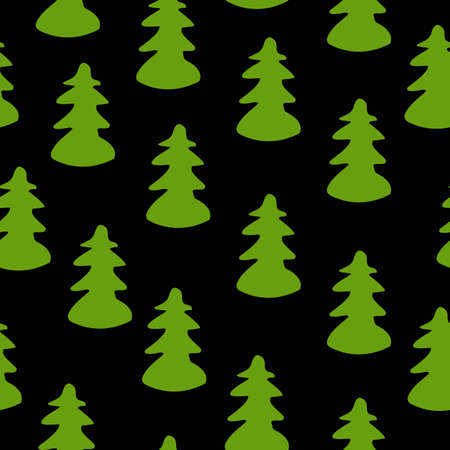 Vector seamless pattern with green fir trees. Black background. Cartoon style. Spring and summer. Nature and ecology. Post cards, wallpaper, wrapping paper, scrapbooking and textile. Park or gardenのイラスト素材