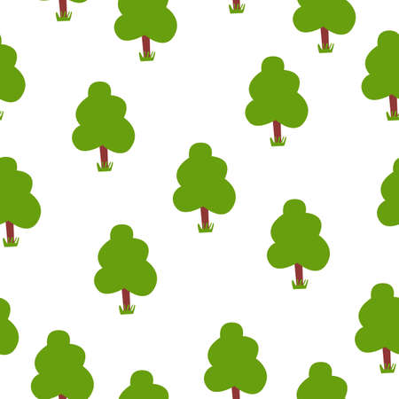 Seamless pattern with green deciduous trees. Brown trunk. White background. Cartoon style. Spring and summer. Nature and ecology. Post cards, wallpaper, wrapping paper, scrapbooking, textileのイラスト素材