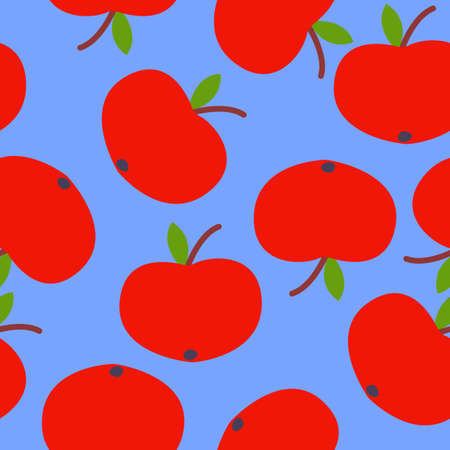 Seamless pattern. Red apple. Green leaf. Blue background. Vegan or vegetarian. Healthy lifestyle....