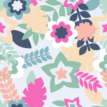 Seamless pattern of abstract pastel graphic floral elements. Spring or summer background with leaves and flowers. Blue, green, pink, yellow, peach colors. Wallpaper, textile, wrapping paper, post cardのイラスト素材