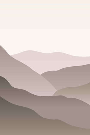Monochrome landscape with waves. Sun set sky. Warm gray and beige foggy mountains silhouette. Sandy desert dunes. Nature and ecology. Vertical orientation. For social media, post cards and postersのイラスト素材