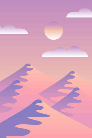 Landscape with waves. Sun set sky. Yellow, pink, purple and violet mountains silhouette. Sandy desert dunes. Nature and ecology. Vertical orientation. For social media, post cards and postersのイラスト素材