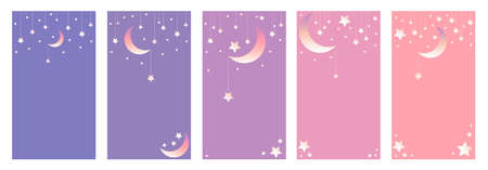 Vector collection of abstract backgrounds with copy space - pastel banners, posters, cover design templates, social media wallpapers with stars and moon. Blue, violet, pink, yellow, peach, purpleのイラスト素材