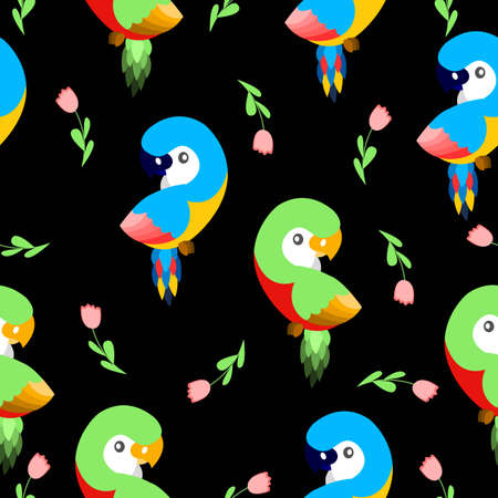 Seamless pattern with ara parrots and pink tulips. Blue, yellow, green, pink, red. Black background. Cartoon style. Cute and funny. For kids post cards, stationery, wallpaper, textile, wrapping paperのイラスト素材