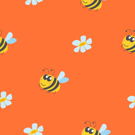 Seamless pattern with bumblebee, and chamomile flowers. Orange background. Yellow, gray, blue and pink. Cartoon style. Cute and funny. For kids post cards, wallpaper, textile, wrapping paper, printのイラスト素材