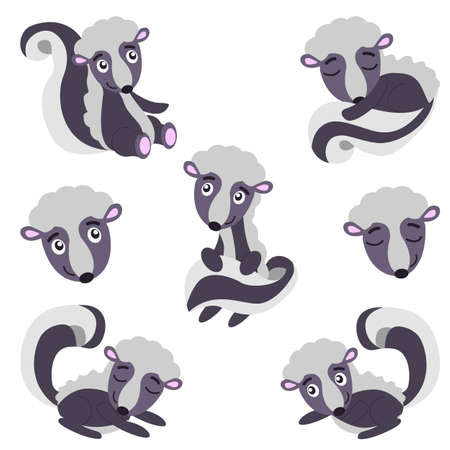 Collection with skunks isolated. Animal character. Grey and pastel blue. Cartoon style. Cute and funny. Graphic children design. Vector illustration. Nature and ecology. Post card, print, textileのイラスト素材