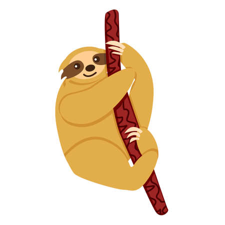 Baby sloth hanging on a branch isolated. Cute and funny. Flat cartoon style. Nature and ecology. Southern and Central America fauna. Amazonia animal. Kids post card, poster, graphic design, textileのイラスト素材