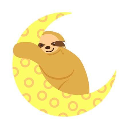 Baby sloth hanging on a yellow crescent isolated. Moon and star. Cute and funny. Flat cartoon style. Nature and ecology. Good night. Kids bedroom. Nursery, post card, poster, graphic design, textileのイラスト素材