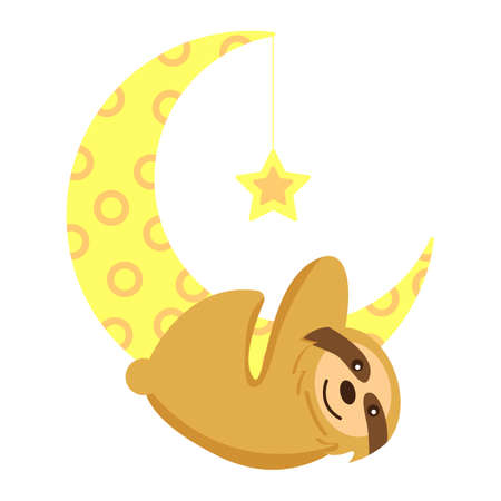 Baby sloth hanging on a yellow crescent isolated. Moon and star. Cute and funny. Flat cartoon style. Nature and ecology. Good night. Kids bedroom. Nursery, post card, poster, graphic design, textileのイラスト素材