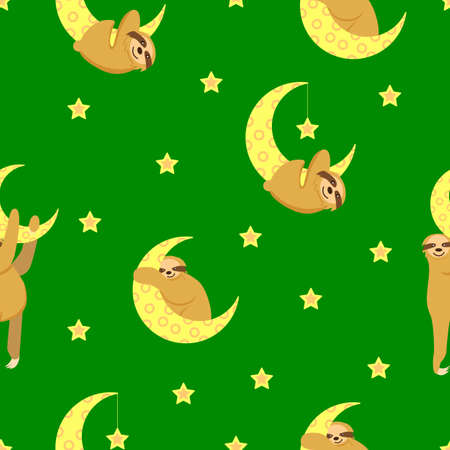 Seamless pattern. Baby sloth hanging on a yellow crescent. Moon and stars. Green background. Cute and funny. Cartoon style. Good night. Kids bedroom. Post card, wallpaper, textile, wrapping paperのイラスト素材