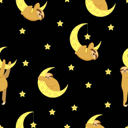 Seamless pattern. Baby sloth hanging on a yellow crescent. Moon and stars. Black background. Cute and funny. Cartoon style. Good night. Kids bedroom. Post card, wallpaper, textile, wrapping paperのイラスト素材