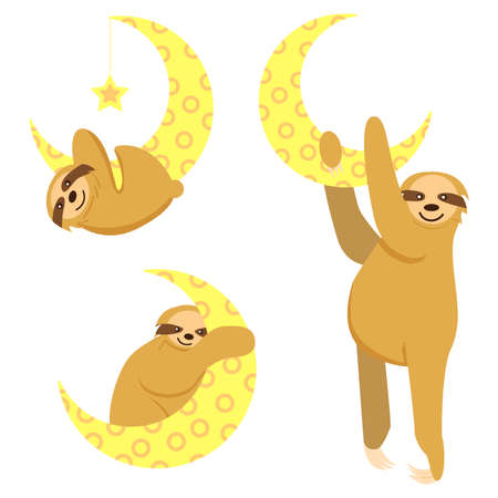 Collection with baby sloths hanging on a yellow crescent isolated. Moon and star. Cute and funny. Cartoon style. Good night. Kids bedroom. Nursery, post card, poster, graphic design, textileのイラスト素材