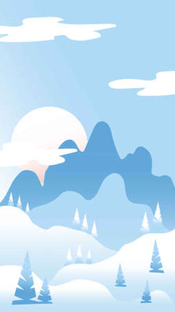 Winter landscape with waves. Pink sun, white clouds and pastel blue sky. Snowy mountains and hills. Fir trees. Gradient colors. Nature and ecology. For social media, post cards and postersのイラスト素材