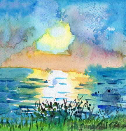 Hand drawn seascape watercolor sketch. Landscape with green glass and flowers. Sea or ocean. Summer drawing. Blue, purple and yellow sun set sky. Nature and ecology. For post cards, posters and printsの写真素材