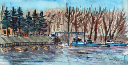 Spring landscape of forest and powerboats on river. Hand drawn watercolor and ink sketch. Blue sky. Trees without leaves. Conifer trees. Nature and ecology. For post card, poster, banner, wallpaperの写真素材