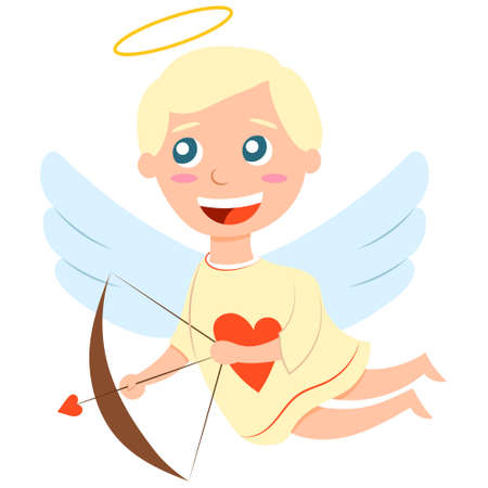 Valentine s Day. Cheerful baby boy cupid angel archer. Pastel blue wings. White skin. Blond hair. Yellow shirt with red heart. Cartoon style. Cute and funny. For greeting card or poster designのイラスト素材