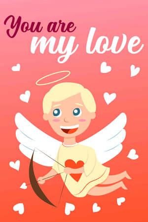 Happy Valentine s Day greeting card. Holiday congratulations. Baby boy cupid angel with wings. Archer with bow. Pink and red gradient background. Cute and funny. Love and romance. Little white heartsのイラスト素材
