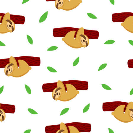 Seamless pattern of sloths hanging on tree branch and green leaves. White background. Cartoon character. Cute and funny. Summer and spring. For wallpaper, textile, scrapbooking and wrapping paperのイラスト素材