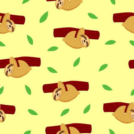 Seamless pattern of sloths hanging on tree branch and green leaves. Yellow background. Cartoon character. Cute and funny. Summer and spring. For wallpaper, textile, scrapbooking and wrapping paperのイラスト素材