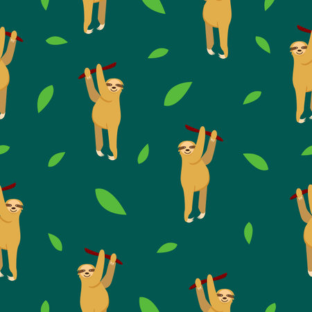 Seamless pattern of sloths hanging on tree branch and green leaves. Dark green background. Cartoon style. Cute and funny. Summer and spring. For wallpaper, textile, scrapbooking and wrapping paperのイラスト素材