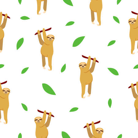 Seamless pattern of sloths hanging on tree branch and green leaves. White background. Cartoon character. Cute and funny. Summer and spring. For wallpaper, textile, scrapbooking and wrapping paperのイラスト素材