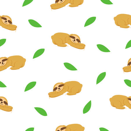 Seamless pattern of sloths lying on the ground and green leaves. White background. Cartoon character. Cute and funny. Summer and spring. For wallpaper, textile, scrapbooking and wrapping paperのイラスト素材
