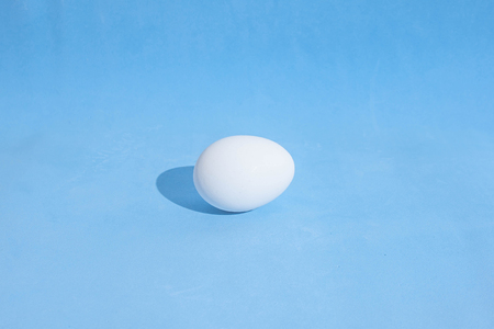 One white egg on a blue background. Hard light and hard shadows.の写真素材