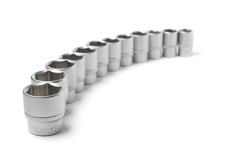 Power nut socket set for ratcheting wrench arranged in arcの写真素材