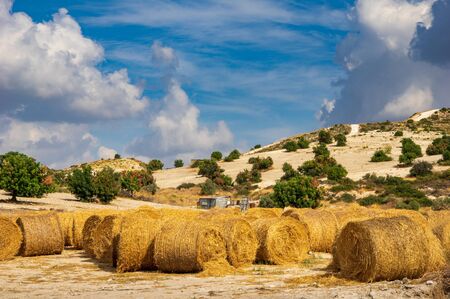 Hay bale landscape, cloudy sky. Taken in Cyprus
