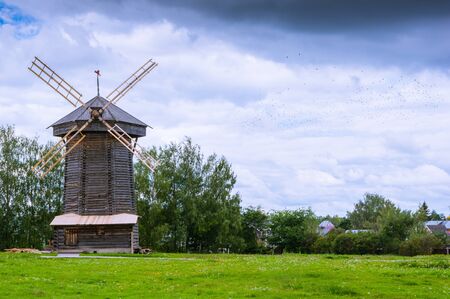 An old wooden windmill built without nails. Taken in Suzdal, Russiaの写真素材