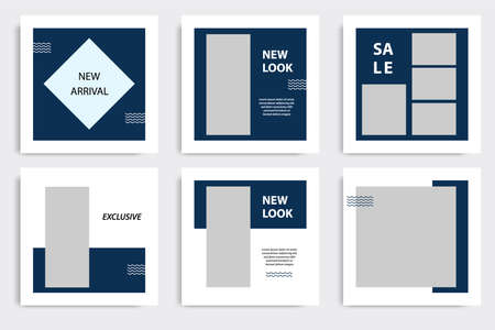 Minimal blue white social media layout template. Modern minimalist square geometric shape banner for social post poster, product replacement catalogのイラスト素材