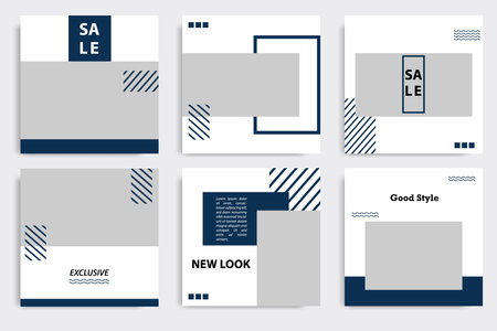 Minimal blue white social media layout template. Modern minimalist square geometric shape banner for social post poster, product replacement catalogのイラスト素材