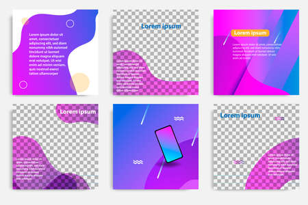Six set modern wave fluid background template with gradient purple, blue, pink gradation. For ads promotion in social media post, blog, internet web banner, flyer, poster and brochure.のイラスト素材