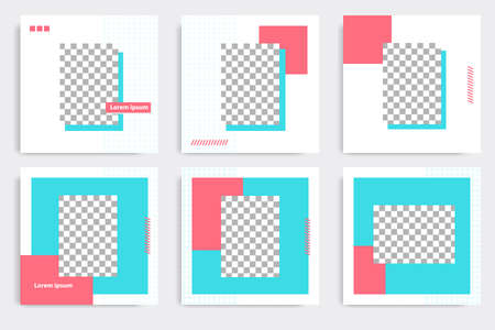 Editable square geometric banner template for social media post in blue, pink, and white frame...