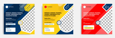 Set bundle collection of social media post template. Layout for online webinar, conference, training, seminar, course, and learning video. Minimal modern and simple style in red blue yellow color.のイラスト素材